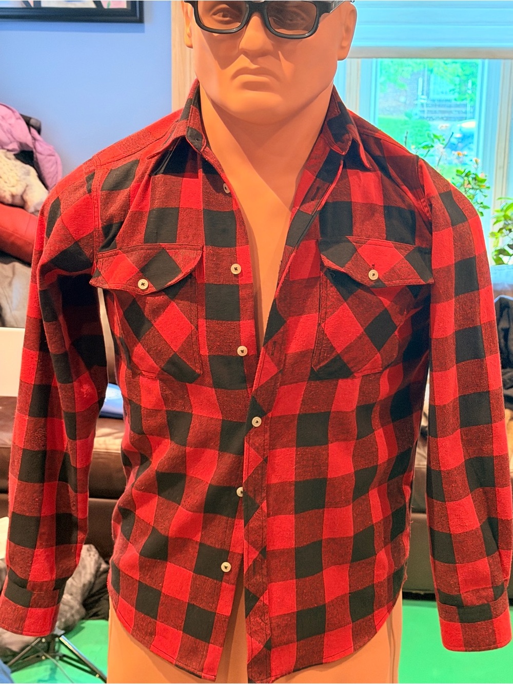 Red and Black Plaid Button-Up Shirt
